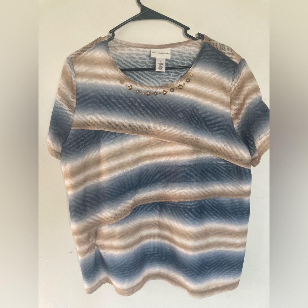 Alfred Dunner Women’s Short Sleeve Blue Brown Top with Beads Size Large
